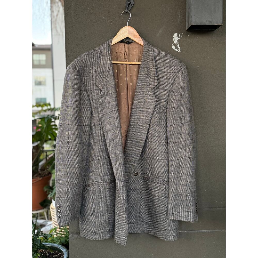 Vintage Cellini 42R Gray Houndstooth Windowpane Wool Sport Coat Blazer Jacket